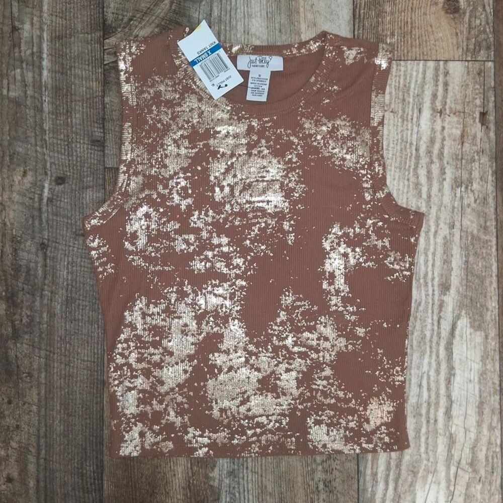 NEW Just Polly Brown and Gold Metallic Ribbed Crop Tank Small Y2K Festival
